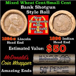 Mixed small cents 1c orig shotgun roll, 1924-s Wheat Cent, 1896 Indian Cent other end