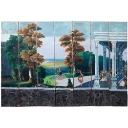 A late 18th/early19th century continental paper seven panel landscape screen.