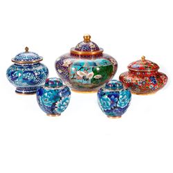 Five cloisonne bowls.