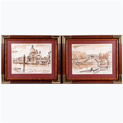 Two wash sketches of Venice on Gritti Palace Hotel stationary signed lower right: James L. Callahan.