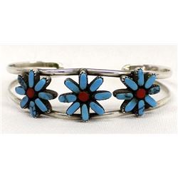 Zuni Turquoise Coral Cuff Bracelet, Flower Motif