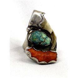 Navajo Sterling Turquoise Coral Claw Ring, 10.5