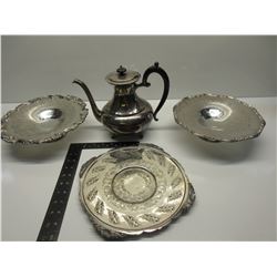 Silver Plate Tea Pot and 3 Serving Plates