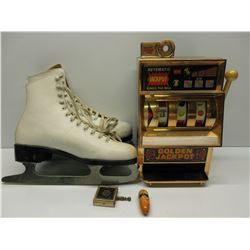 Slot Machine Bank, Purse Ashtray, Sewing Kit, Skates