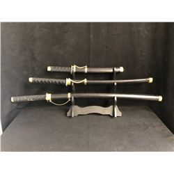 3 PIECE SWORD SET WITH DISPLAY RACK