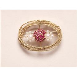 Signed Vintage 18K Gold Ruby Pearl Brooch