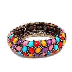 Multi-Color Easter Egg Bead Hinge Cuff Bangle Bracelet