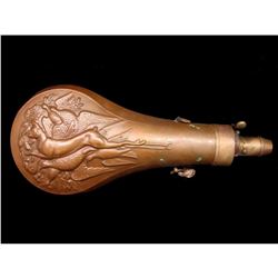 Hawksley Style Copper Embossed Hanging Game Hunting Powder Flask Antique