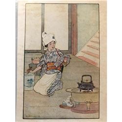 Early 1900's Japanese Bookplate Print, Little Sister Snow