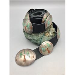 Vintage Turquoise and Coral Inlay Concho Belt