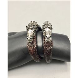 Two Sterling Silver Horse Head and Braided Leather Bracelet