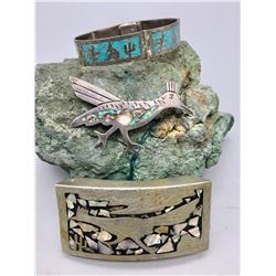 Belt Buckle, Bracelet, and Pin