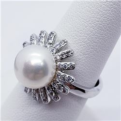 Silver Pearl Cubic Zirconia Flower Design Ring, Suggested Retail Value $200