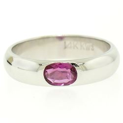 14K White Gold 0.62 ctw Oval Burnish Set Light Burgundy Ruby Solitaire Band Ring