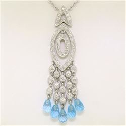 18k White Gold 1.30 ctw Diamond & Blue Topaz Briolette Chandelier Dangle Necklac