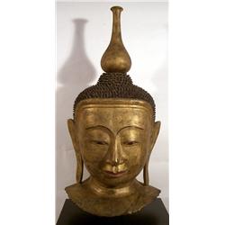 A SPLENDID SHAN PAPIER MACHE GILDED HEAD OF BUDDH