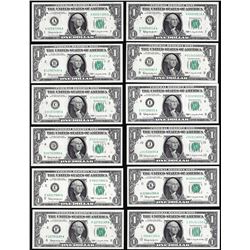 District Set of (12) 1963 $1 Federal Reserve Notes