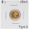 Image 1 : 1862 Type 3 $1 Indian Princess Head Gold Dollar Coin