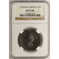1799 SOHO Great Britain Half Penny Coin NGC MS63BN