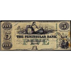 1800's $5 The Peninsular Bank Detroit, Michigan Obsolete Note