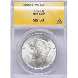 1923 $1 Peace Silver Dollar Coin ANACS MS63 Rim Clip