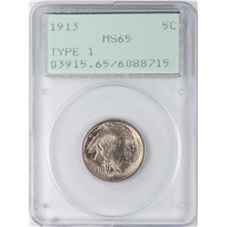 1913 Type 1 Buffalo Nickel Coin PCGS MS65 Old Green Rattler