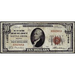 1929 $10 City NB and Trust Battle Creek, MI CH# 11852 National Currency Note