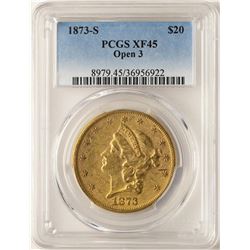 1873-S Open 3 $20 Liberty Head Double Eagle Gold Coin PCGS XF45