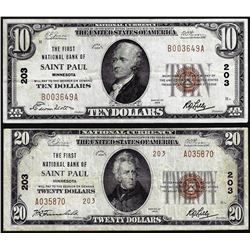 Set of 1929 $10/$20 Saint Paul, MN CH# 203 National Currency Notes