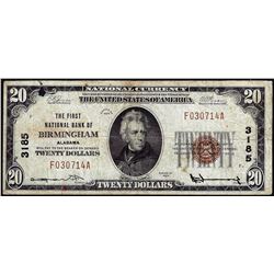 1929 $20 First NB Birmingham, AL CH# 3185 National Currency Note