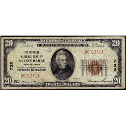 1929 $20 National Bank Wilkes Barre, PA CH# 732 National Currency Note