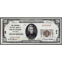 1929 $20 National Bank Milwaukee, WI CH# 64 National Currency Note