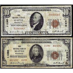 Set of 1929 $10/$20 First NB of Seattle, WA CH# 11280 National Currency Notes