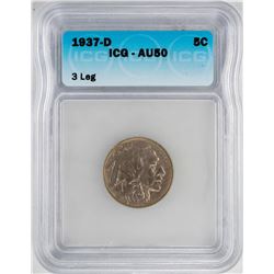 1937-D 3 Legged Buffalo Nickel Coin ICG AU50