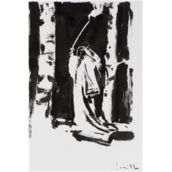 Jon J. Muth original woman with a sword artwork.