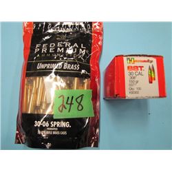 lot of 30 - 06 brass unprimed and 30 cal bullets