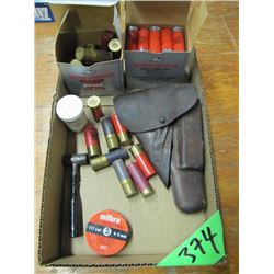 box with 12 gauge ammo, holster, pellets Etc