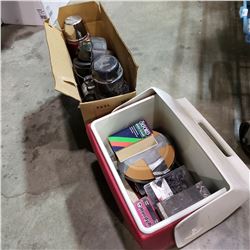 LOT OF THERMOSES, PERCOLATOR, AND COOLER