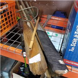 FISH NET, FISHING ROD, AND STRAW BROOM AND LOT OF VINTAGE WOOD OARS