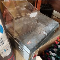 2 CLEAR DRAW BOXES AND METAL STORAGE BOX