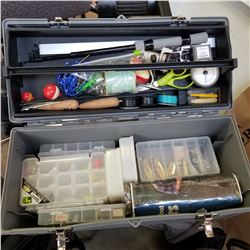 GREY TOOL BOX FULL OF FISHING SUPPLIES, LURES, AND LINE