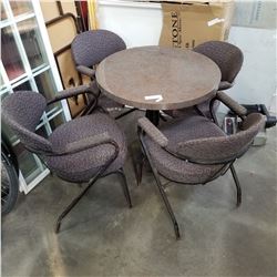 PUB TABLE W/ METAL BASE AND 4 METAL CHAIRS W/ CUSHIONS