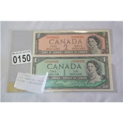 1954 CANADIAN 1 DOLLAR AND 2 DOLLAR - UNCIRCULATED