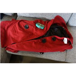 RED WOMENS DESIGNER COAT SIZE SMALL AND "CK" DESIGNER BELT