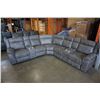 Image 16 : NEW MODERN GREY STITCHED PALOMINO FABRIC 3 PIECE SECTIONAL SOFA, WITH 3 POWER RECLINERS, 2 CONSOLES,