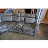 Image 2 : NEW MODERN GREY STITCHED PALOMINO FABRIC 3 PIECE SECTIONAL SOFA, WITH 3 POWER RECLINERS, 2 CONSOLES,