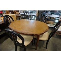 FRENCH PROVINCIAL WALNUT DINING TABLE W/ 5 BLACK CHAIRS AND 2 LEAFS