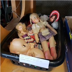 BLACK BASKET OF ANTIQUE AND VINTAGE DOLLS