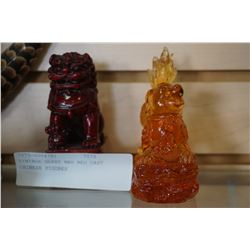 VINTAGE GLASS AND RED CAST CHINESE FIGURES