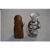 Image 1 : HAND PAINTED VASE, WOODEN BUDDAH, AND FIGURE